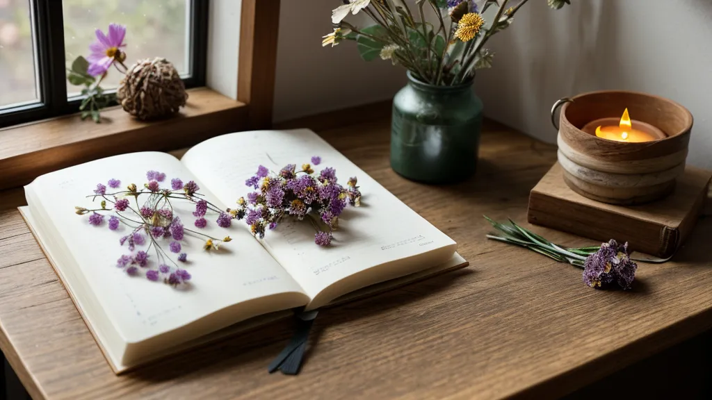 Nahaufnahme einer gepressten Anemone in einem Moleskine-Tagebuch mit handschriftlichen Notizen.