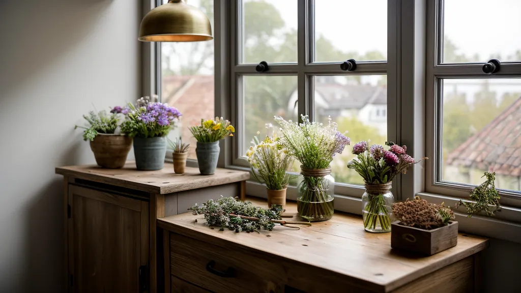 Nahaufnahme von Narzissenvasen auf einem Holzregal in einem Bremer Blumenladen.
