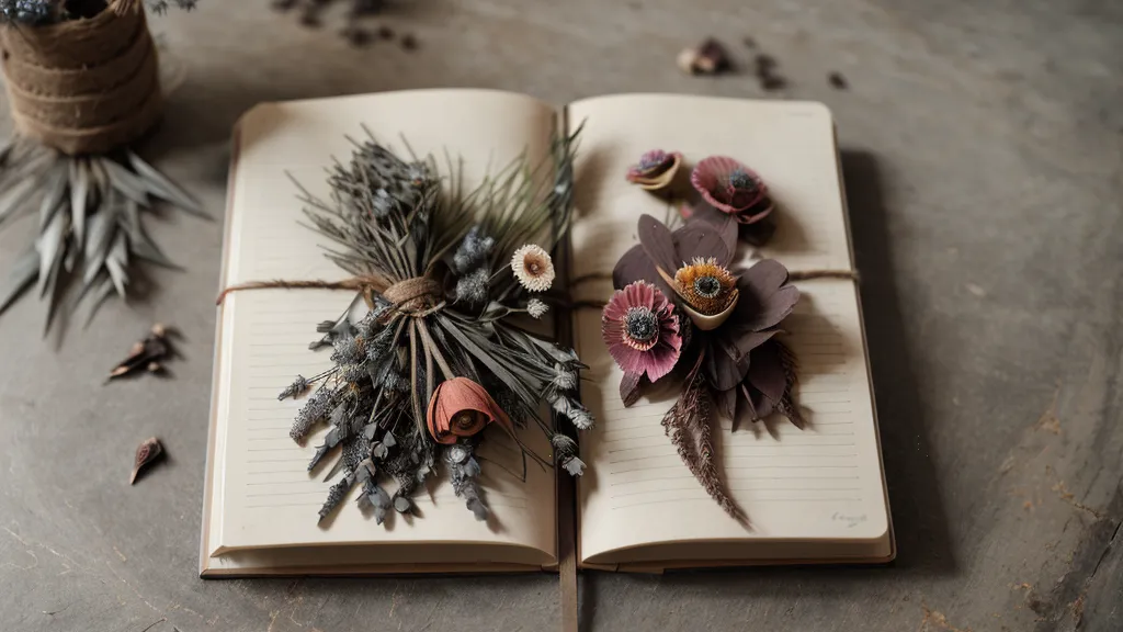 Offenes Notizbuch mit gepressten Blumen als Teil der spirituellen Entwicklung einer Floristin nach Huna-Übungen
