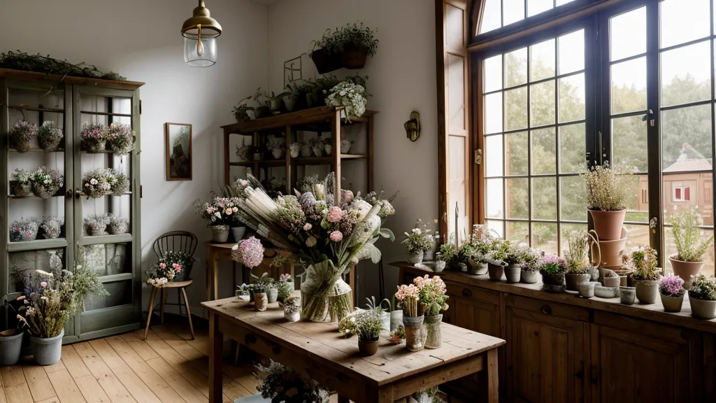 Eine schamanische Trommel im Blumenladen zwischen Eukalyptuszweigen.