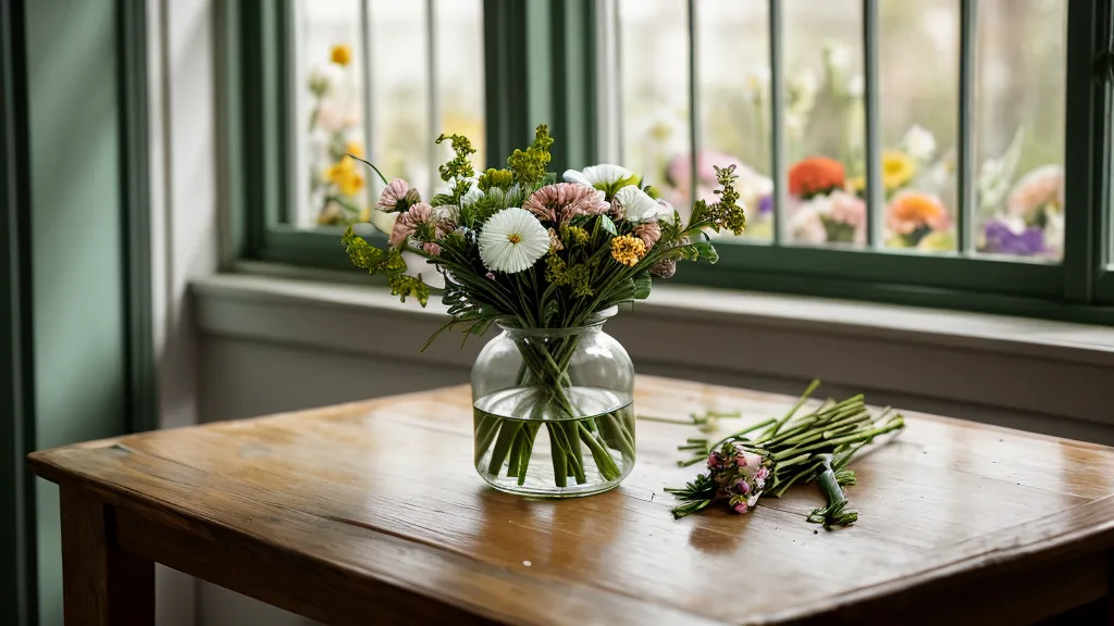 Detailaufnahme von Händen, die Blumenstiele in eine Vase mit Wasser stellen.