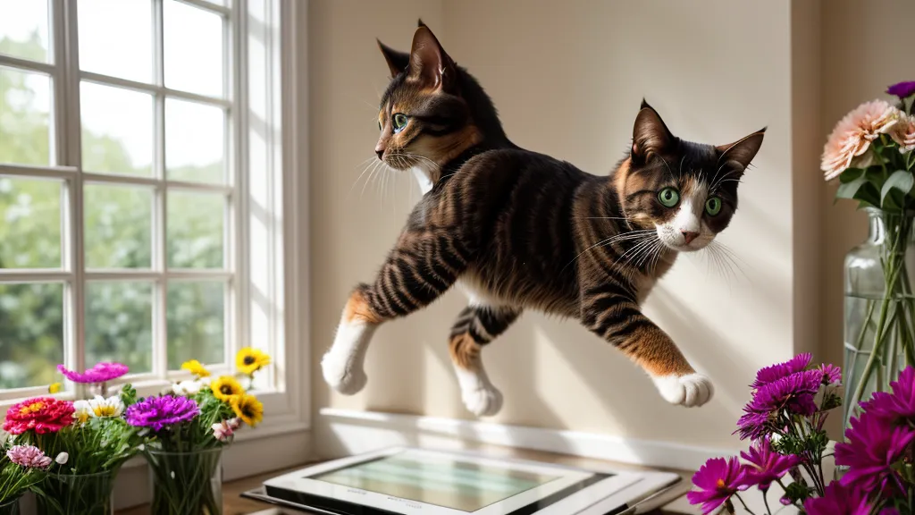 Ein Tablet mit einem Online-Kurs auf einem Küchentisch, während eine Katze eine Vase umstößt.
