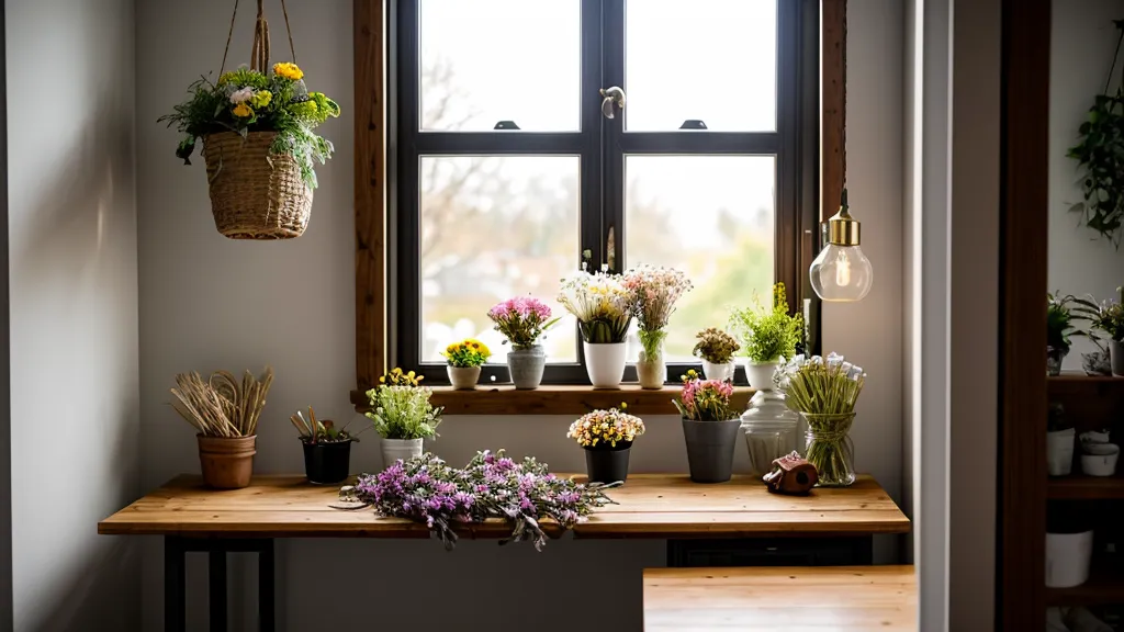 Schamanische Trommel und Räucherbündel neben Pfingstrosen im Blumenladen.