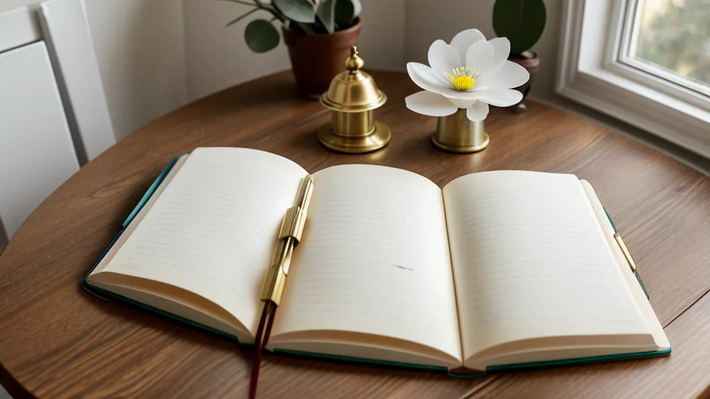 Ein offenes Moleskine Notizbuch mit gepressten Anemonen und Eukalyptus.