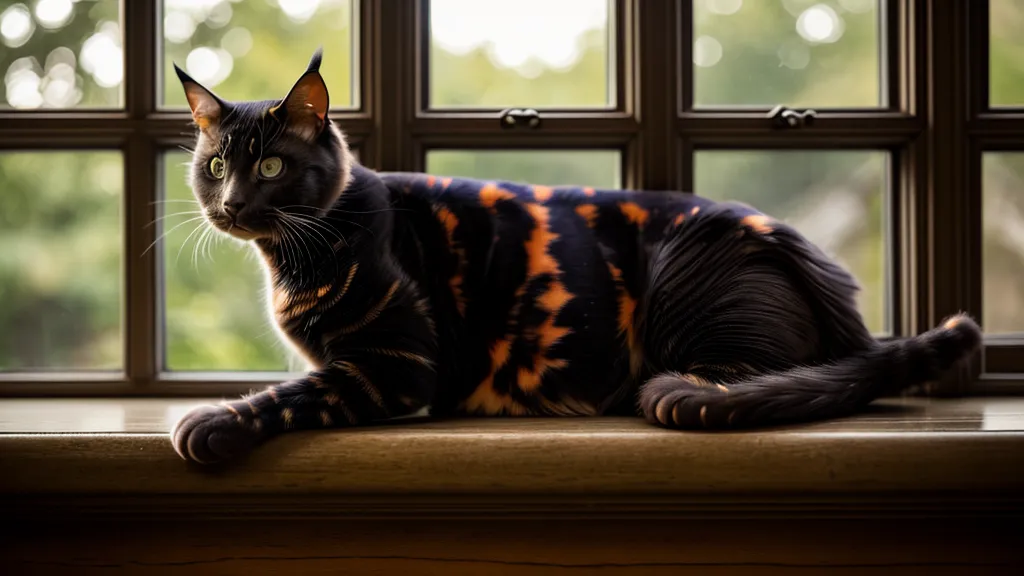 Eine schildpattfarbene Katze schläft auf einem Fensterbrett neben einer Pfingstrose.