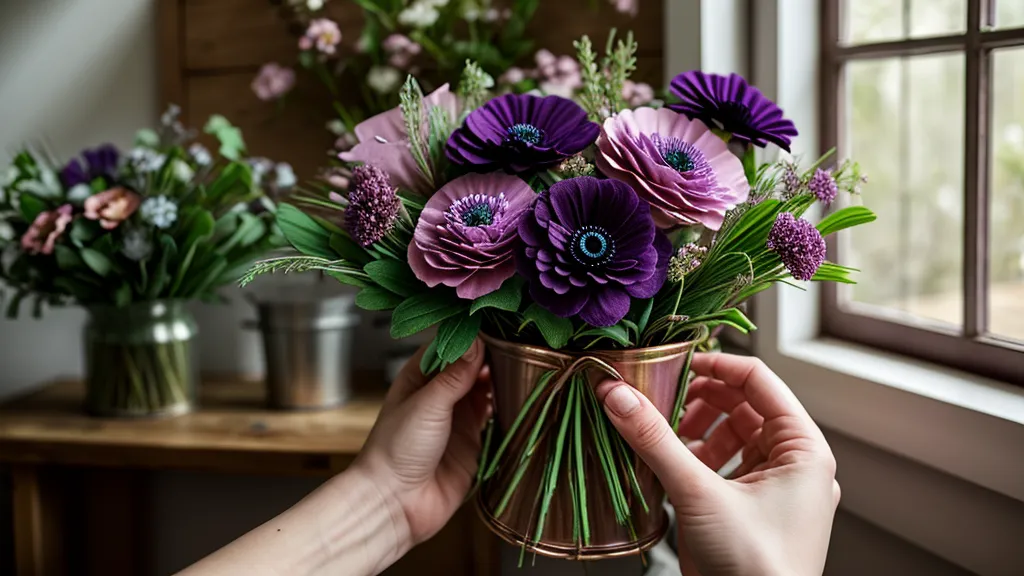 Nahaufnahme einer Anemone über einem Tagebuch in den Händen einer Floristin.