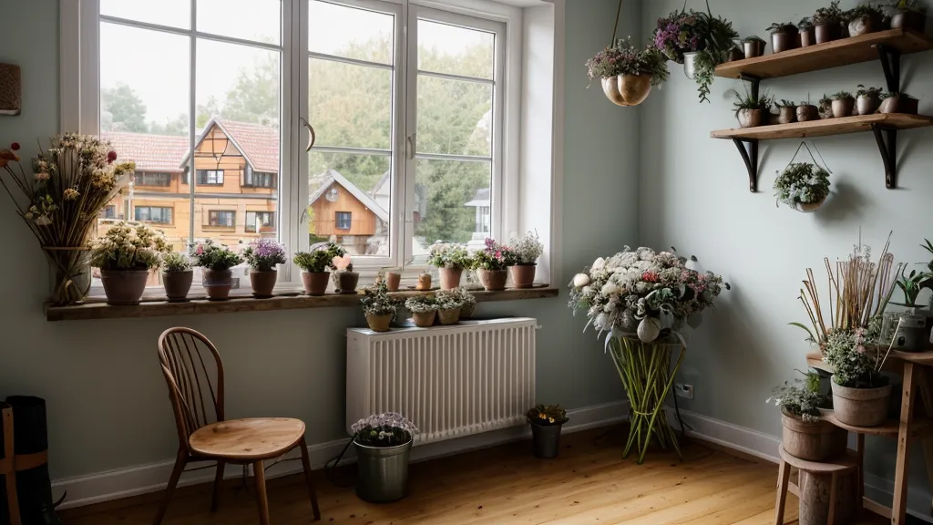 Hände einer Floristin beim Anschnitt von Blumenstielen in einem alten Steinbecken.
