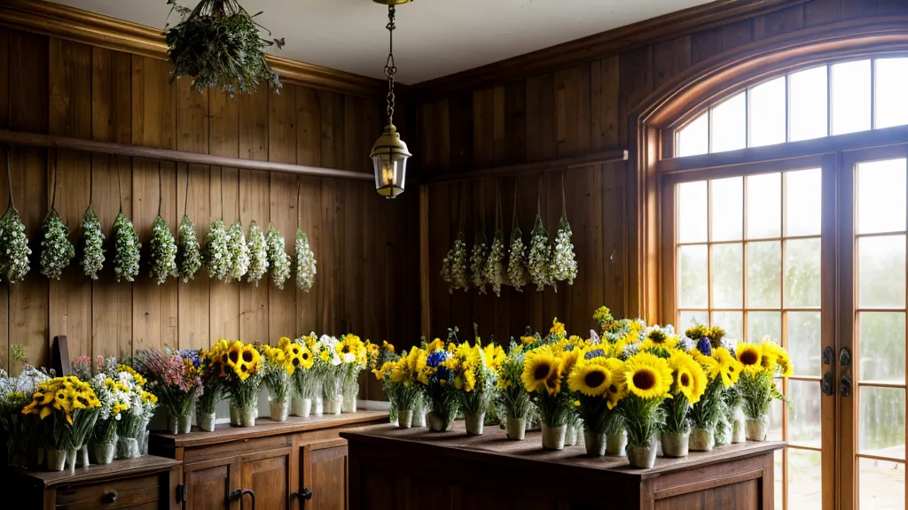 Innenansicht eines kleinen Bremer Blumenladens mit einer Messingglocke an der Tür und Kräuterbündeln.