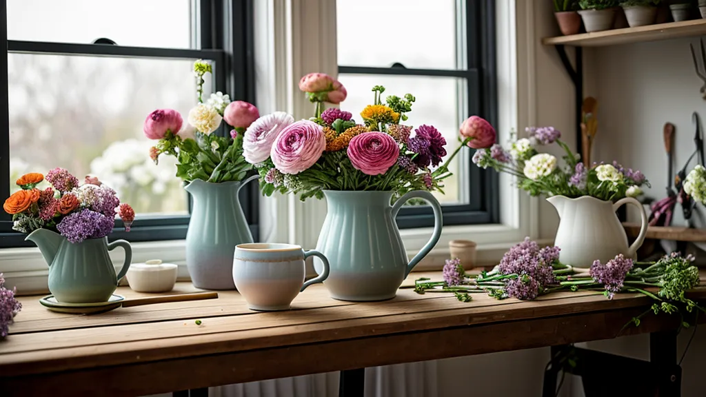Ein Arbeitstisch mit bunten Frühlingsblumen, einer Schere und einem Handy mit einem Online-Kurs.